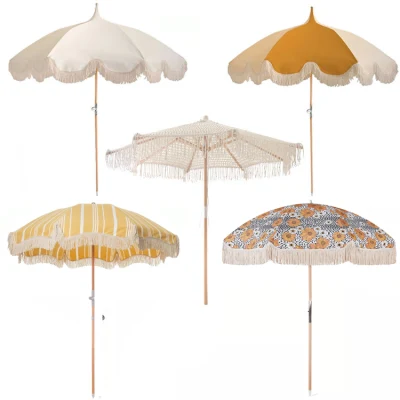 Ombrelloni da spiaggia con frange vintage di lusso personalizzati all'ingrosso con nappe, ombrellone da sole grande stile Boho con palo in legno portatile all'aperto